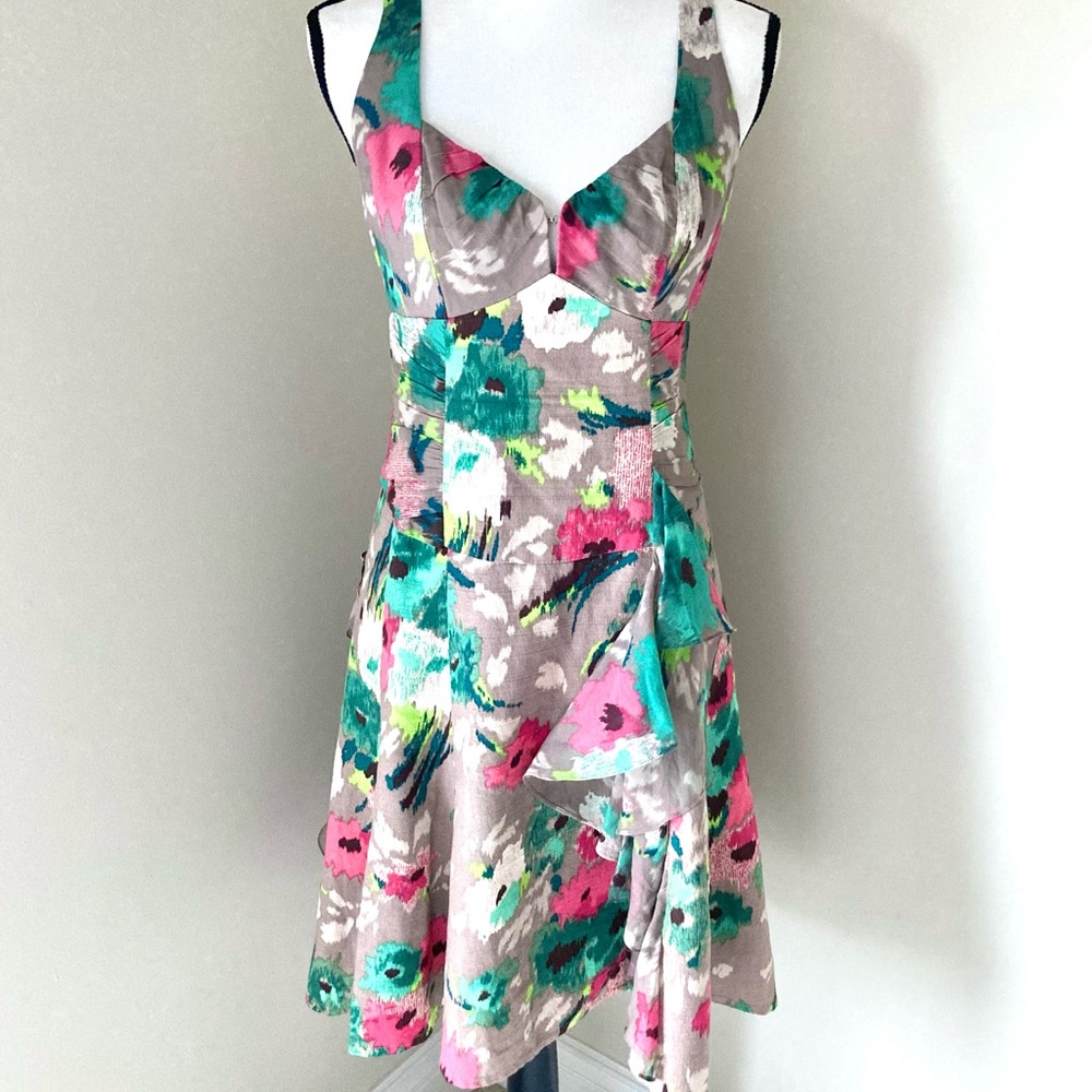 Nanette Lepore Ikat Taupe Floral Dress Size 6 Romantic - Picture 3 of 12